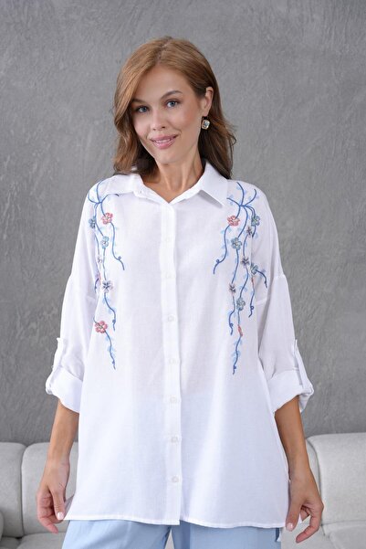 BURRASCA قميص كتان مطرز بالأحجار