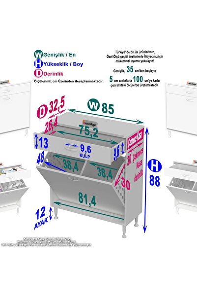 Modilayn 85 x 88 x 32,5 cm’lik 1 Çekmece 1 Gözlü Sepetli, Organizatör Mutfak Dolabı Çok Amaçlı Dolap