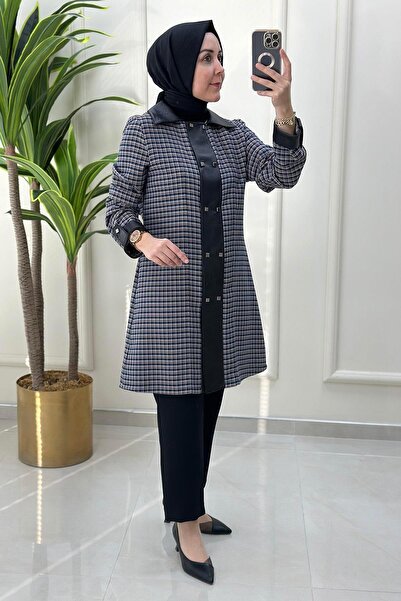 Qetenn Kareli Önü Çıtçıtlı Deri Kombinli Kadın Tüvit Tunik Ceket Mavi QTN 4780