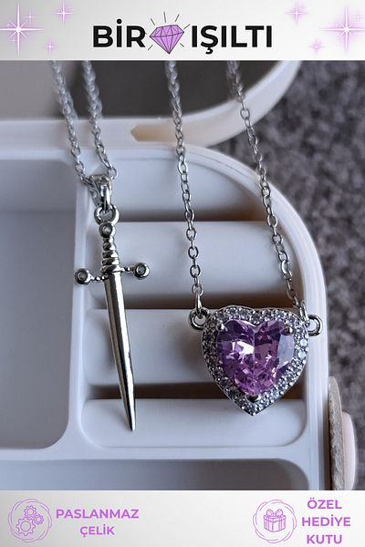 Birmem Women's Silver Color Steel Sword and Lilac Stone Heart Double Necklace Set