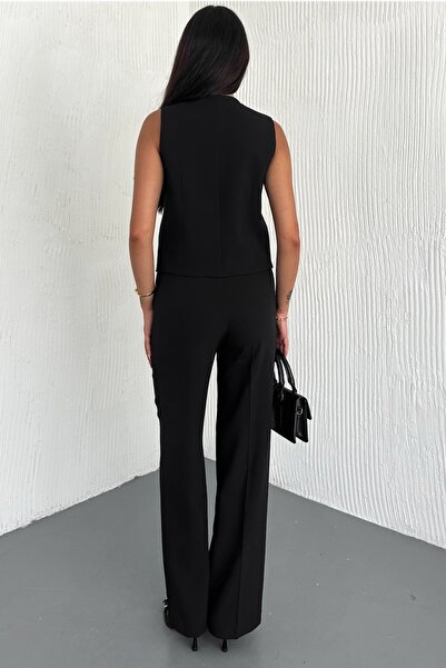 FEMELLE Women's Black Buttoned Pencil Pants Vest Bottom Top Set