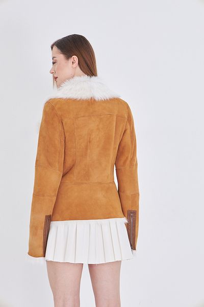 By Marki Marki Women's Genuine Suede Leather Tuscany Fur Coat – Tan, Fit Cut, Zippered, 63 Cm, Winter - 112122