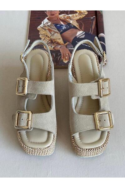 Zuum Rodina 100% γνήσιο δέρμα & σουέντ γυναικεία πέδιλα με σφήνα τακούνι - μπεζ σουέντ