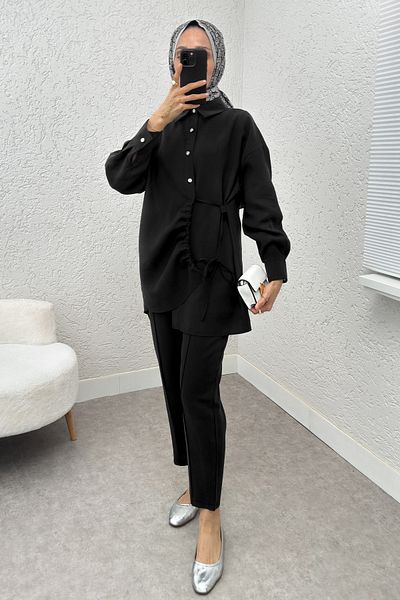 Salih Çelebi Skirt Hem Gathered Suit 2212 - Black
