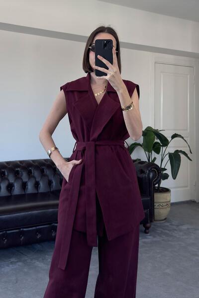 Swass Medium Size Belted Vest and Loose Trousers Double Linen Suit