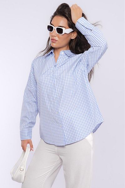 Madmext Μπλε μακρυμάνικο γυναικείο πουκάμισο Gingham Mg2386