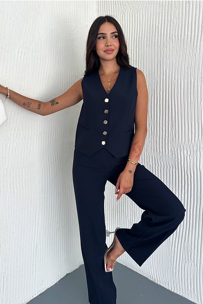 FEMELLE Set de pantaloni cu nasturi bleumarin pentru femei, vestă, partea de jos