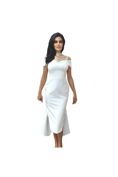 OEM Rochie alba midi cu umerii goi