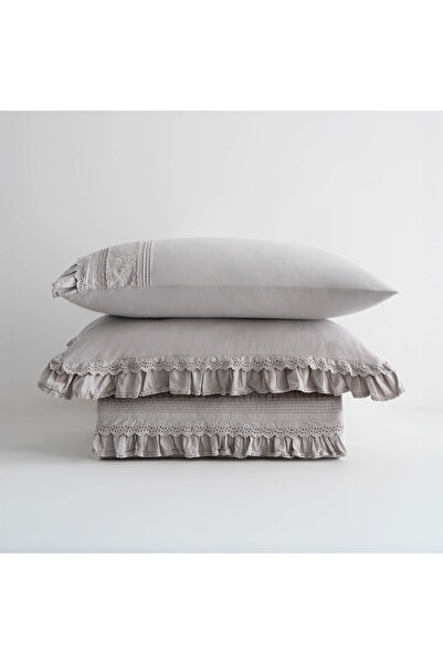 Ecocotton Adelya Battal Size Duvet Cover Set 100% Organic Cotton Linen Embroidered Gray 240X220 cm