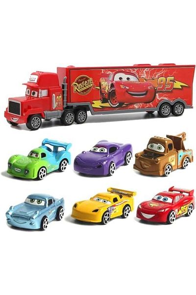 toy box tr Luxury Lightning McQueen Cars Set 7 Pieces, Toy Car Set with One Truck and Six Cars, Multicolored, A