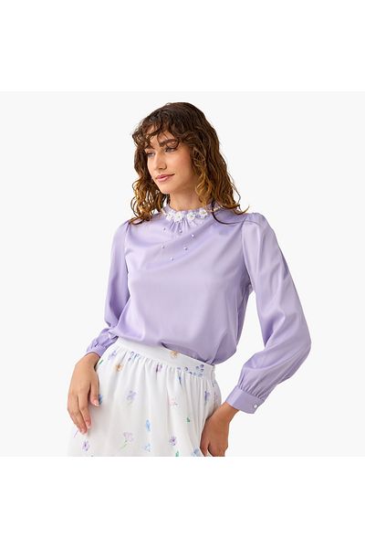 2Xtremz 2Xtremz Pearl Embellished High Neck Top with Long Sleeves