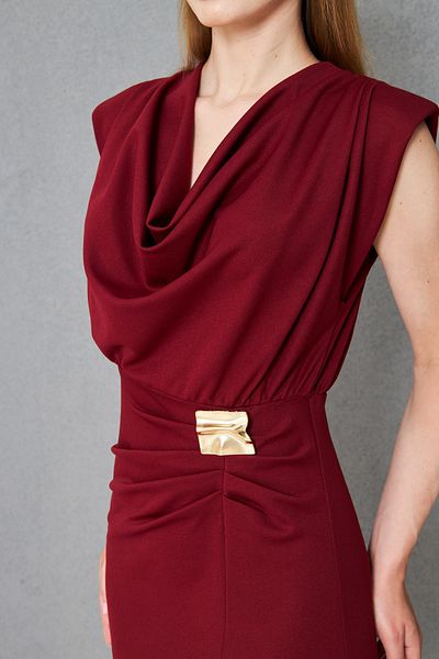 vuvutasarım Women's Burgundy Crepe Fabric Slit and Accessories Design Degaje Collar Draped Midi Dress 77130