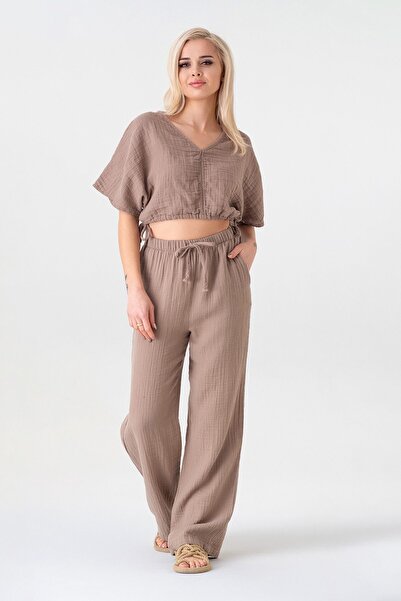 Fashion Showcase Muslin 100% Natural Fabric V-Neck Adjustable Waist Crop Mink