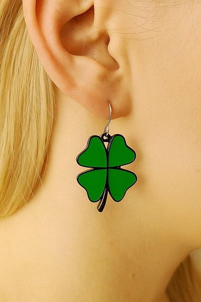 Fildişi Aksesuar Clover Leaf Shaped Enamel Women's Earrings Double Pieces Handmade Earrings