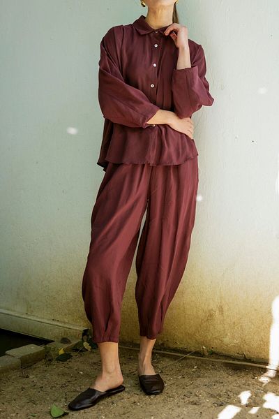 Suzi Women's Bordo Color Oversize Shirt Shalwar Pants Set 50957