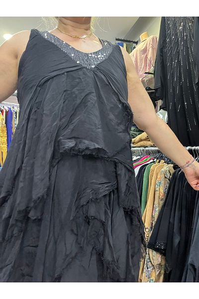 Butik Ayseba Layered V Neck Sequined Silk Stylish Italian Evening Dress