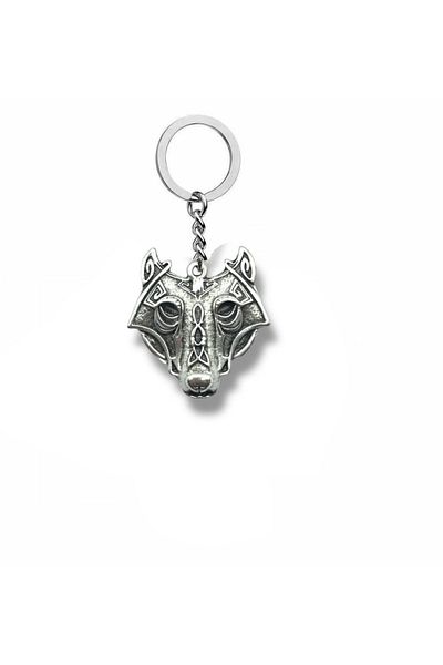 Herşey Nota Fenrir's Fury – Unisex Metal Keychain with Gray Viking Wolf Head Figure