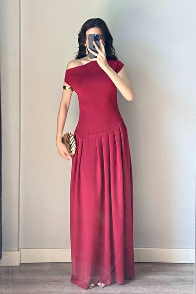 Eka Rochie de damă bordeaux cu un singur umăr 0994-0098