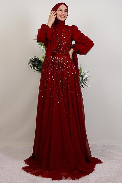 GİYZAMİLA Vildan Hijab Evening Dress Burgundy