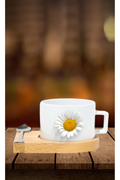 Store Papatya Desenli Seramik Kupa & Ahşap Altlık Seti - Zarafet ve Huzur Bir Arada!