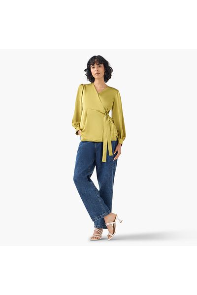 Iconic Iconic V-neck Wrap Top with Long Sleeves and Tie-Up Detail