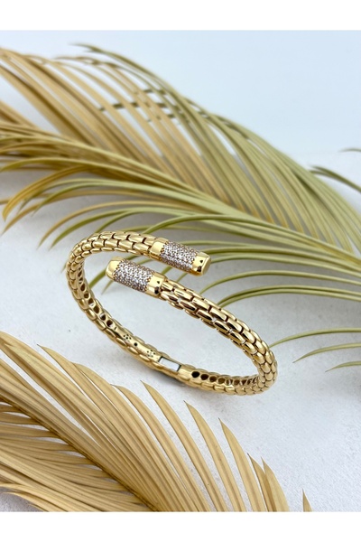 Onseva Kuyumculuk 14 Ayar Altın Örgü Zincir Taş Detaylı Modern Açık Kelepçe B...