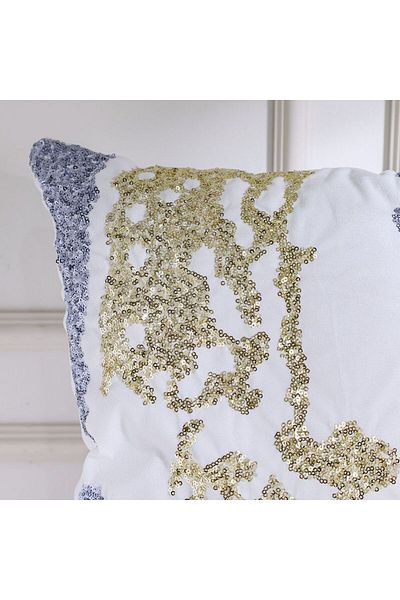 Danube Home Gleam Embroidered Cushion Cover-White/Grey/Gold-45x45 cm | Polyester
