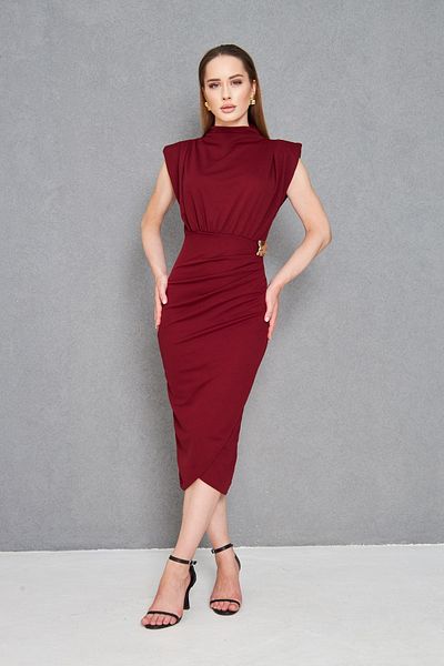 barış sülün lovebox Women's Crepe Fabric Stand Collar Accessory Design Draped Burgundy Midi Evening Dress 4409