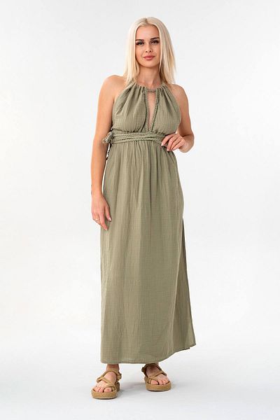 Fashion Showcase Muslin Summer Dress Knitted Detail 100% Cotton Natural Fabric Green