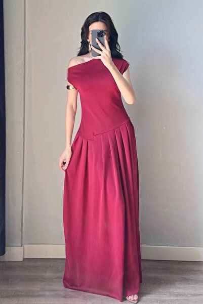 Eka Rochie de damă bordeaux cu un singur umăr 0994-0098