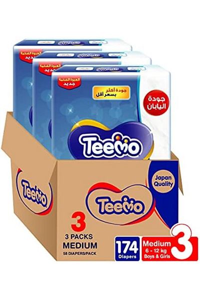 Teemo Compressed Diamond Pad, Size 3, Medium, 6-12 kg, Mega Box, 174 Diapers