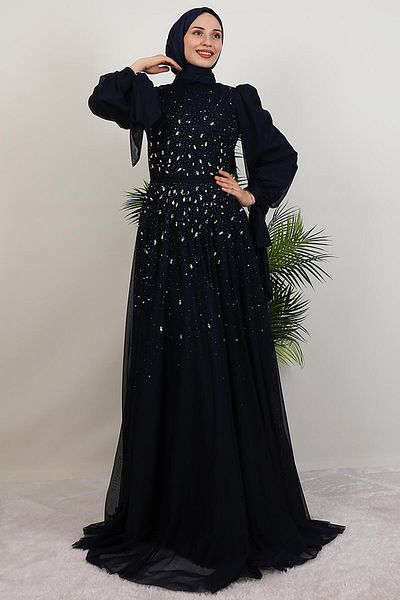 GİYZAMİLA Vildan Hijab Evening Dress Navy Blue