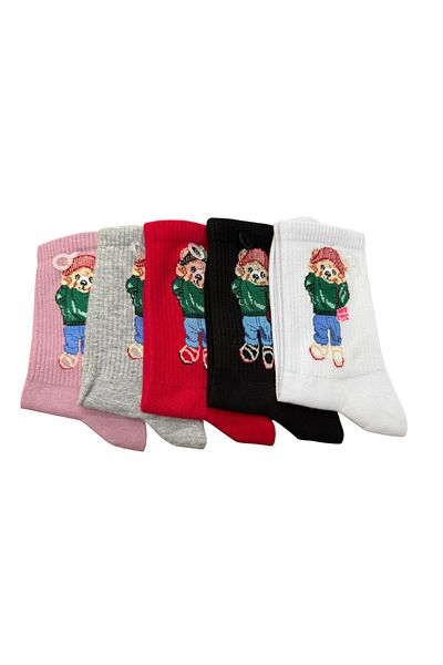 ENFAEL 5 Pairs of Original Combed Cotton Unisex Seamless Teddy Bear Pattern College Socks (Washable)