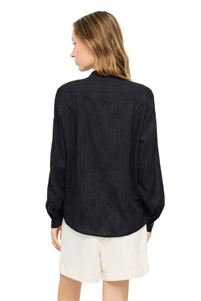 Perspective Black Ametrine Comfortable Fit Tie Collar Blouse