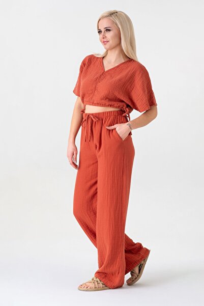 Fashion Showcase Muslin 100% Natural Fabric V-Neck Adjustable Waist Crop Tile