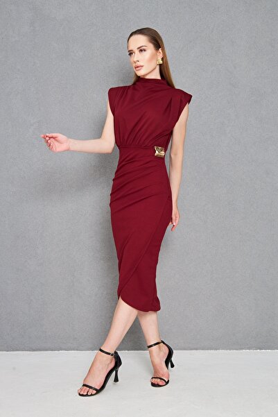 Secret Passion Lingerie Kadın Bordo Krep Kumaş Dik Yaka Aksesuar Detaylı Drapeli Midi Elbise 4409