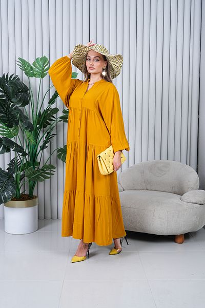 EL jadida Women's Plus Size Hijab Viscose Dress Mustard