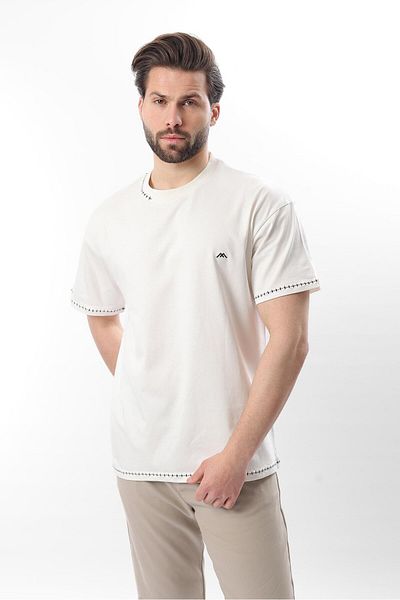 Madmext Ecru Embroidery Detailed Men's T-Shirt E7112