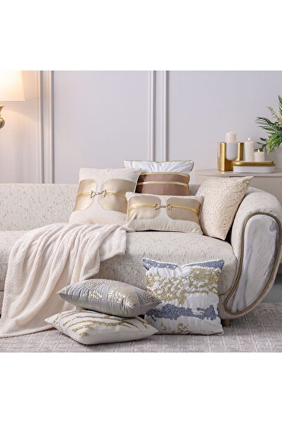 Danube Home Gleam Embroidered Cushion Cover-Beige/Gold-45x45 cm | Polyester