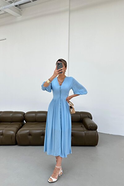 mylove Krinkıl Düğmeli Elbise Mavi