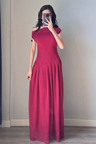 Eka Rochie de damă bordeaux cu un singur umăr 0994-0098