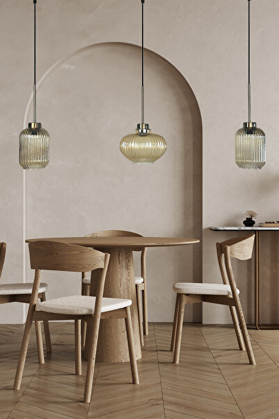 Bamyum Üçlü Lunex Cam Bal Rengi Avize İnce Eskitme Başlık Sarkıt Yemek Masası Üstü Iç Mekan Cafe Otel