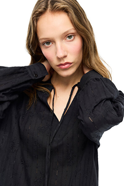 Perspective Black Ametrine Comfortable Fit Tie Collar Blouse