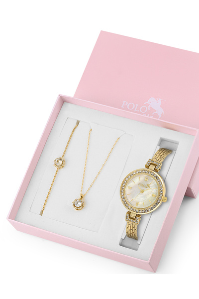 Polo Air Lüx Taşlı Kadın Kol Saati Zirkon Taşlı Yuvarlak Kolye Bileklik Kombin Gold Renk ST-2162S1