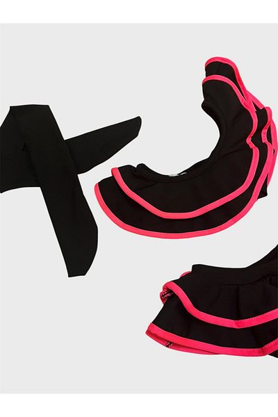 ALİŞ KİDS Girl's Black Pink Striped One Sleeve Strap Ruffle Bikini Set