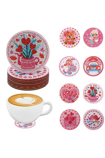 Choice AA1126B 8pcs/Set DIY Hearts Diamond Painting Coasters without Holder Anti Slip Wood Coasters for Dri