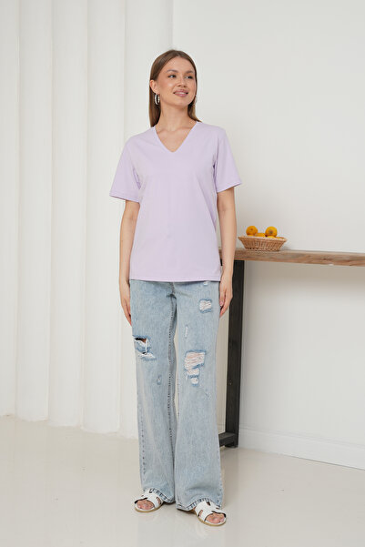 Ay Moda Collection تي شيرت نسائي بأكمام قصيرة ورقبة على شكل حرف V
