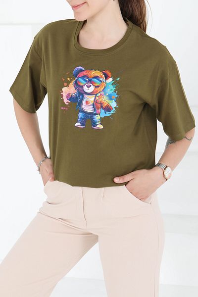 TOFİSA Printed Short Sleeve T-Shirt Khaki - 27349