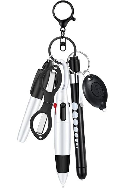 Choice black 6in1 Multifunction Retractable Ball Pen Set Flashlight Foldable Scissors Ballpoint Pen Keychai