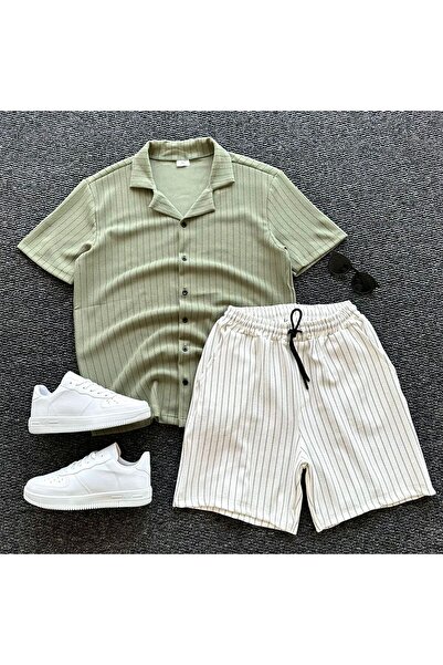 tetramoda Crepe Fabric Striped Short Sleeve Shirt Shorts Set